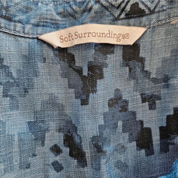 Soft Surroundings Blue Chambray Geometric Print 3/4 Sleeve Collared Tunic Top L - Picture 3 of 5